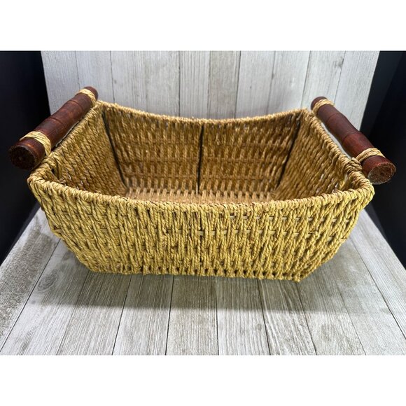 Vintage Woven Wicker Rattan Basket Tray Rectangle Wooden Handle Boho 11"x9" - Picture 3 of 7
